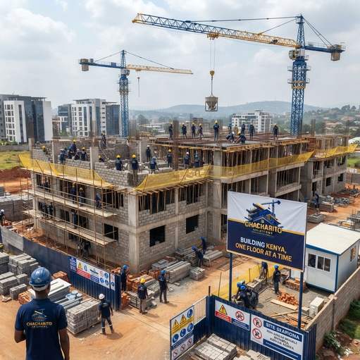 Aerial view of a Chacharito Solutions construction site with tower cranes in Kenya
