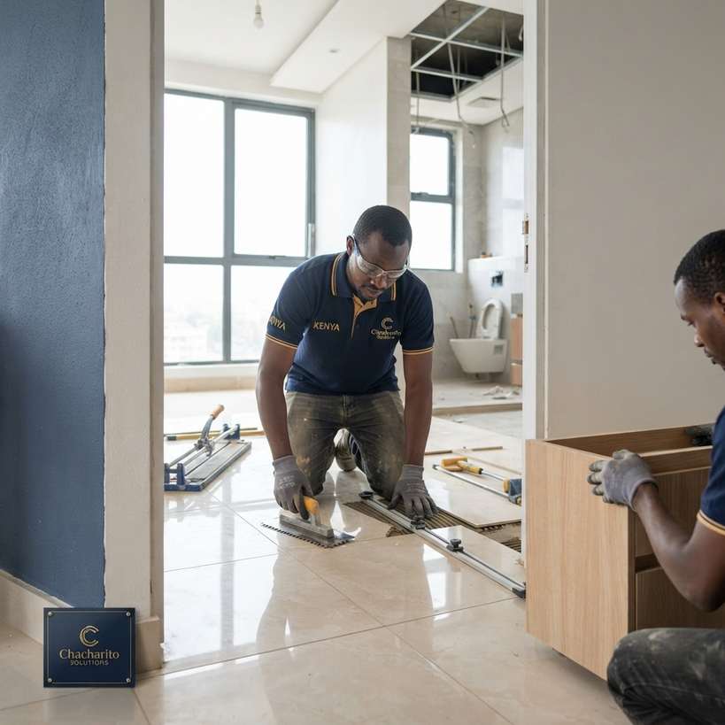 Bathroom floor tiling and vanity cabinet fitting