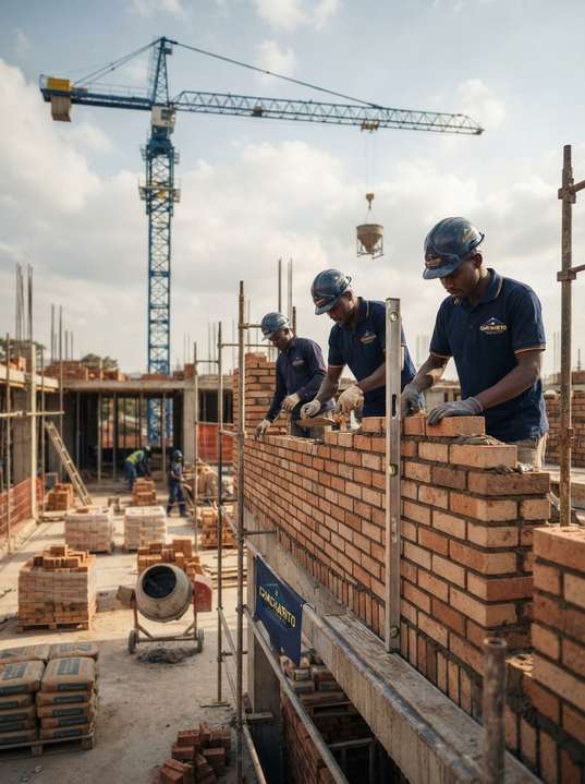 Bricklaying on a Chacharito Solutions construction site with a tower crane