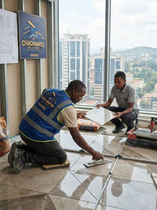 Floor tiling in a high-rise apartment overlooking Nairobi