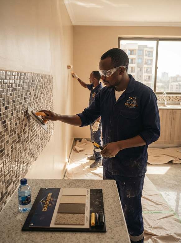 Mosaic wall tile backsplash installation in a kitchen