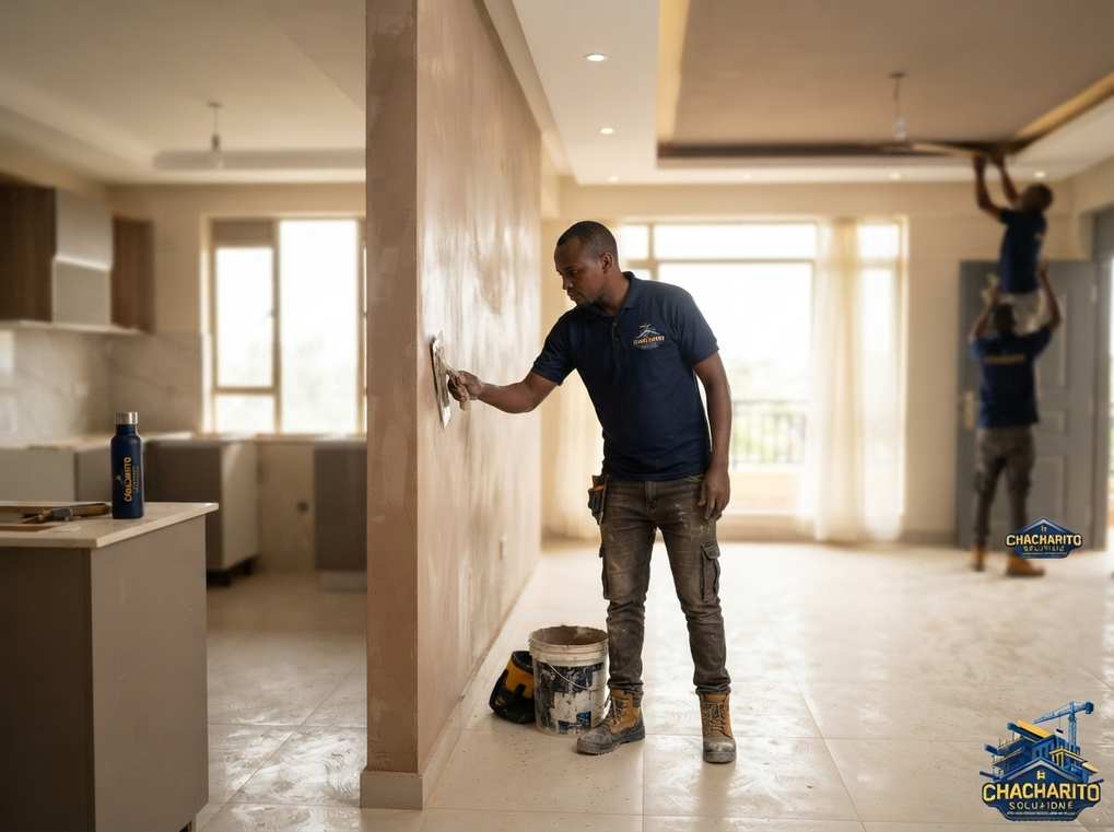 Plastering and finishing a kitchen wall during a renovation