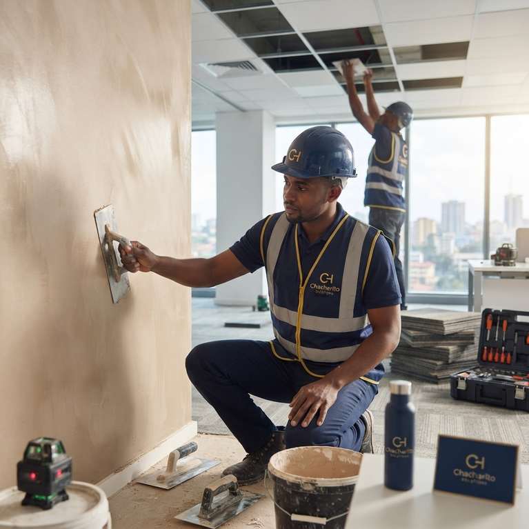 Chacharito Solutions crew plastering an office wall in full safety gear